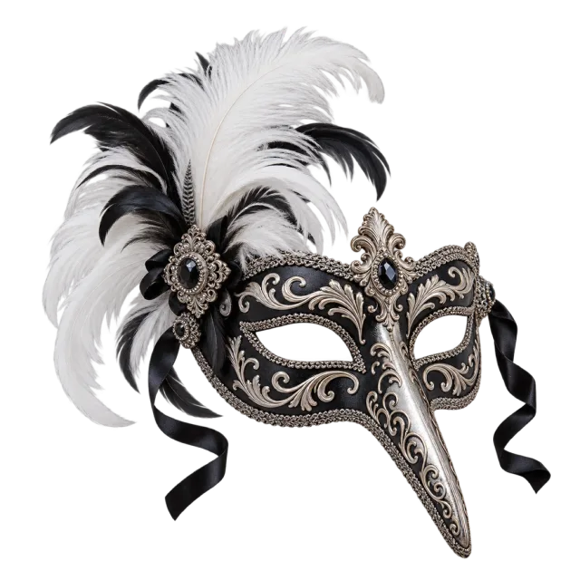Black and silver-colored long-beaked mask with white and black feathers and ribbon ties