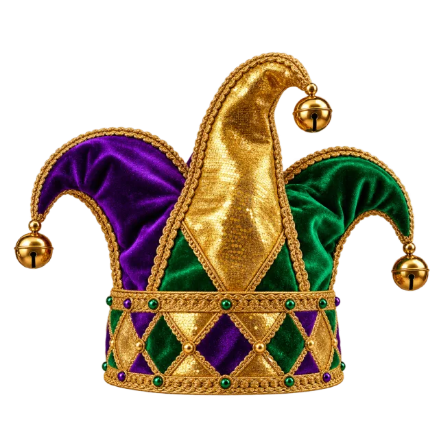 Purple, green and gold-colored three-point jester hat with small bells and diamond trim