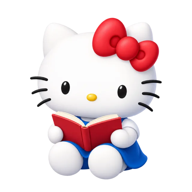 Hello Kitty sitting in a blue outfit while reading an open red book