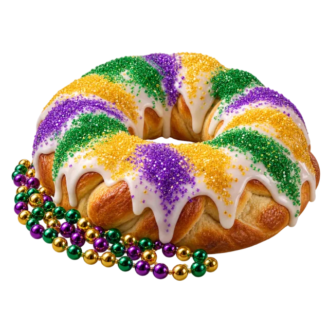 Ring-shaped cake with white icing and purple, green and yellow sugar beside colorful bead necklaces