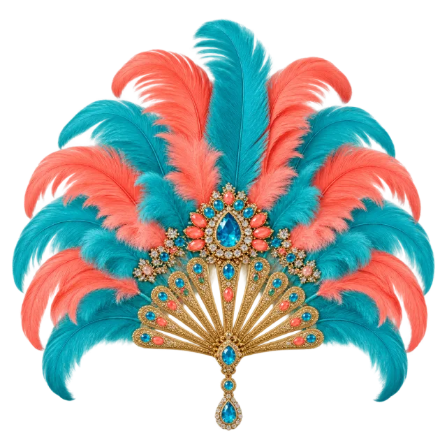Fan-shaped jeweled headdress with tall coral and teal feathers and a turquoise-colored pendant