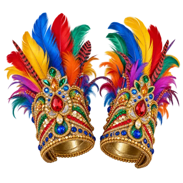 Pair of jeweled gold-colored cuffs topped with bright multicolored feathers
