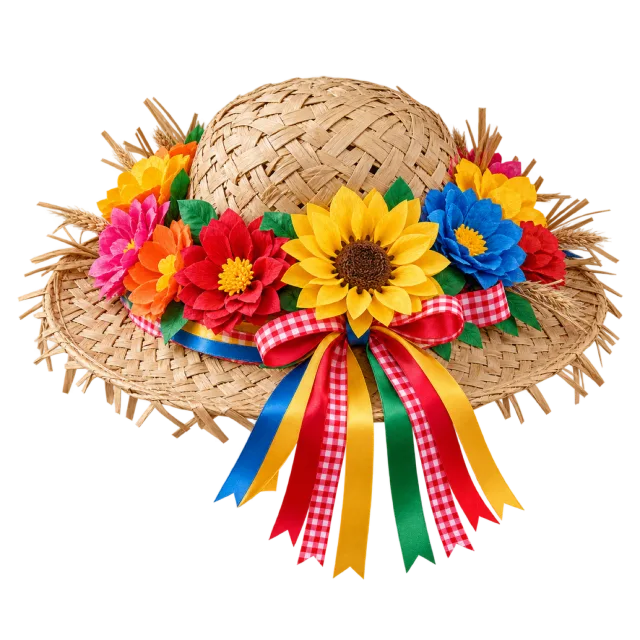 Woven straw hat decorated with colorful flowers and long multicolored ribbons