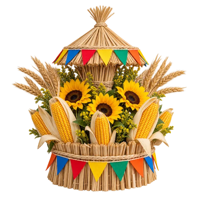 Straw centerpiece with corn, sunflowers, wheat and colorful bunting beneath a small thatched canopy