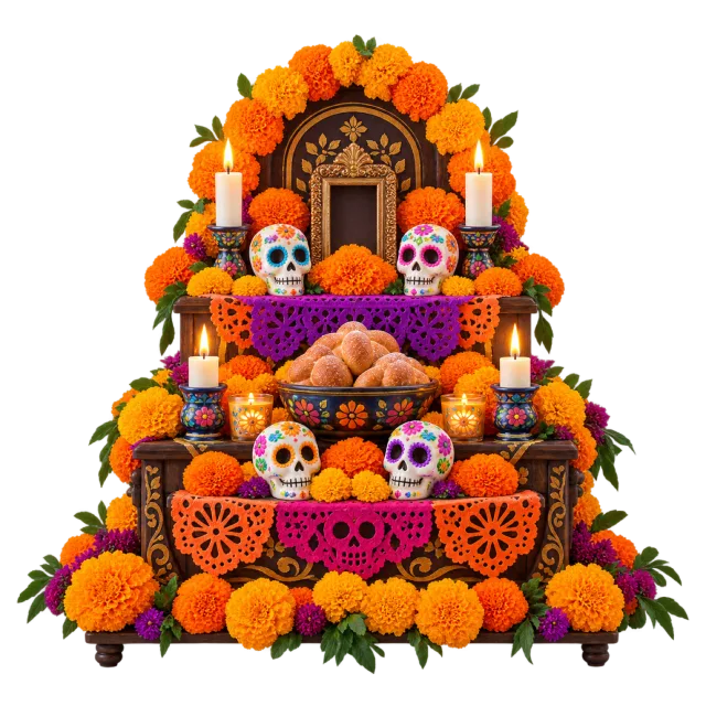 Tiered altar with orange marigolds, colorful skull ornaments, candles and food offerings