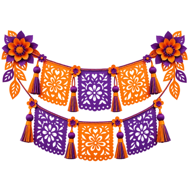 Two tiers of orange and purple cut-paper flags with flower decorations and tassels