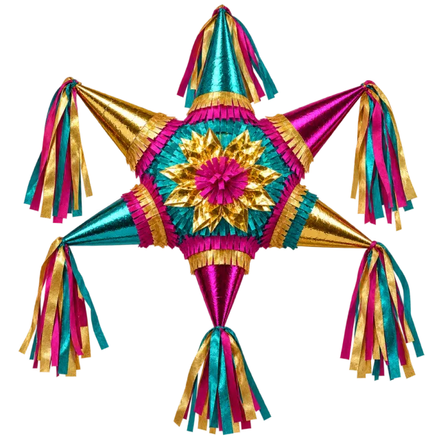 Colorful pointed star pinata with patterned panels and long ribbon streamers