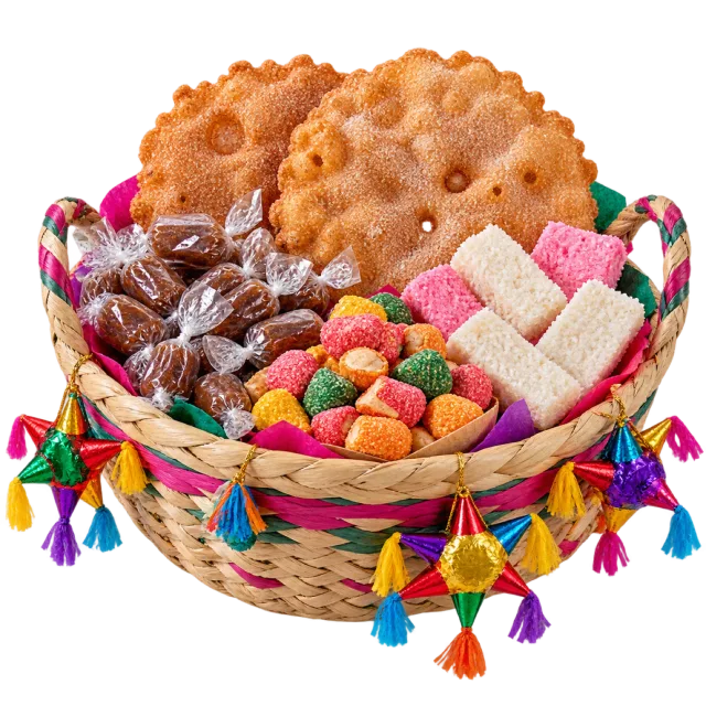 Woven basket filled with golden pastries and colorful sweets with ribbons around the rim