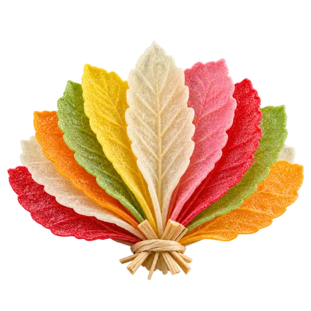 Fan-shaped bundle of textured leaf decorations in white, yellow, green, pink and red
