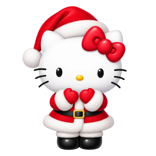 Hello Kitty in a red Santa dress and hat with white trim and black boots