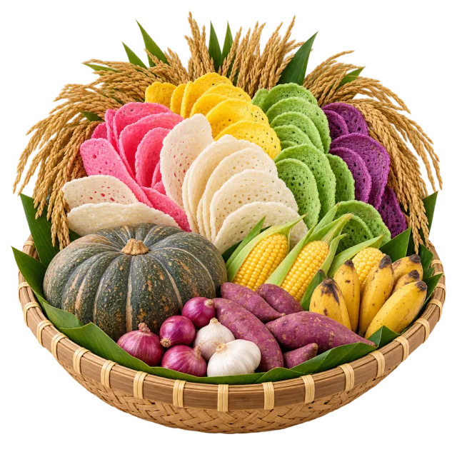 Round woven tray with vegetables, bananas, grain stalks and colorful textured decorations