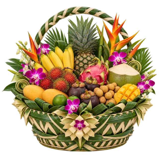 Woven basket piled with pineapple, bananas, dragonfruit, coconut and tropical flowers