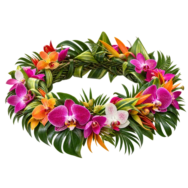 Circular green leaf wreath with pink orchids, white lilies and bright tropical flowers