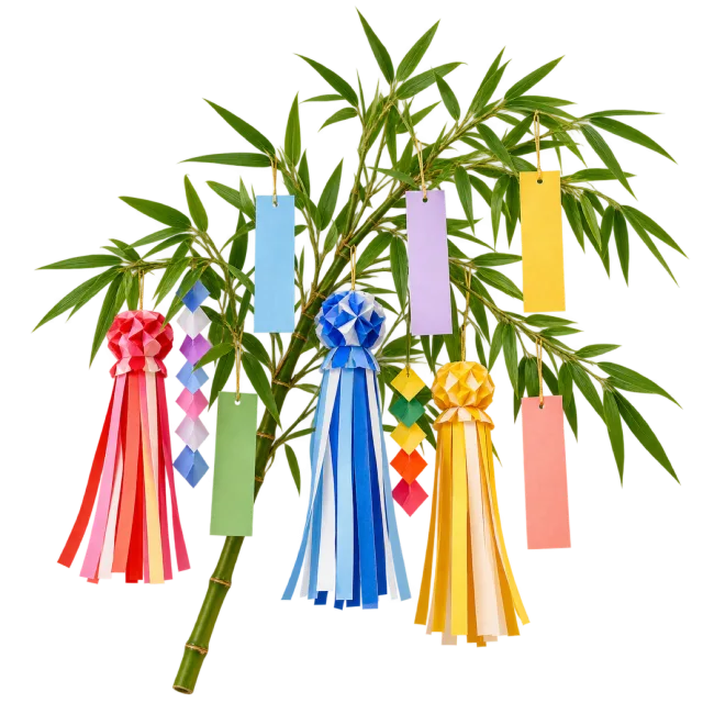 Bamboo branches with hanging colored paper strips, small ornaments and long streamers
