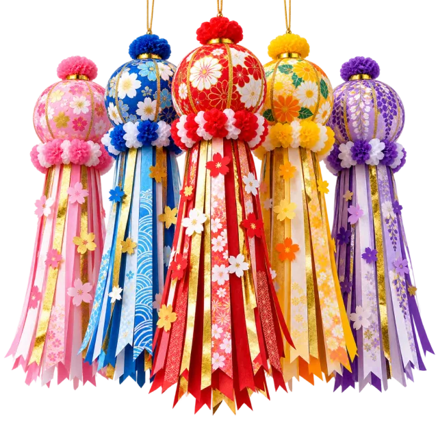 Cluster of floral ball decorations with long red, blue, pink, yellow and purple streamers