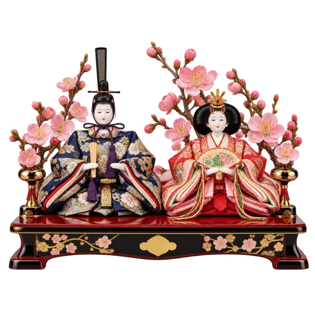 Two ornate seated dolls on a black and red platform framed by pink blossoms