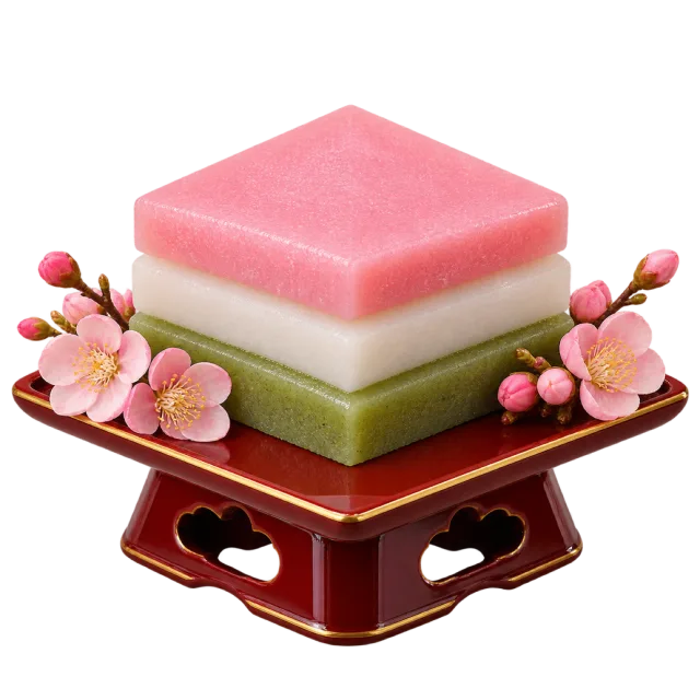 Pink, white and green layered sweet on a red stand with blossom decorations