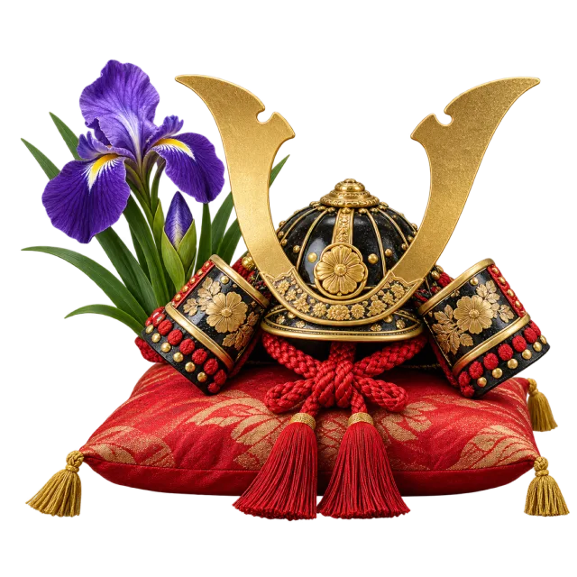 Ornate black and gold-colored helmet on a red cushion beside purple iris flowers