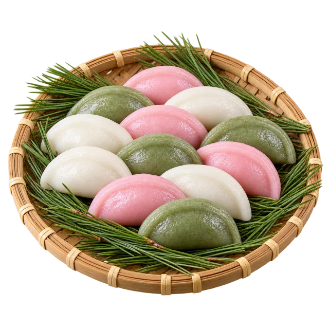 White, pink and green half-moon rice cakes in a shallow basket lined with pine needles