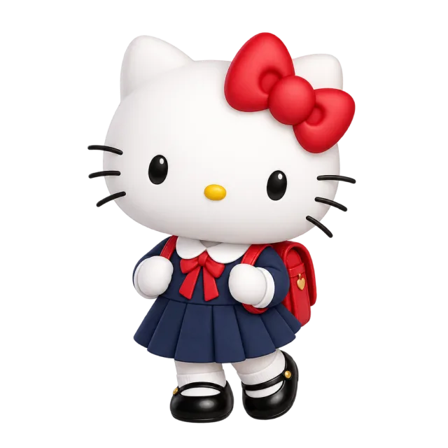 Hello Kitty wearing a navy school uniform with a red necktie and backpack