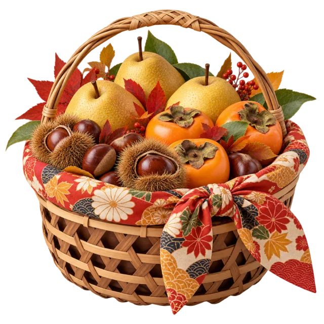 Woven handled basket with pears, persimmons, chestnuts and autumn leaves