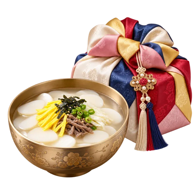 Bowl of pale rice cake soup beside a colorful fabric-wrapped gift