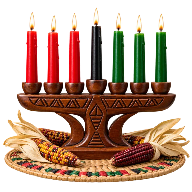 Carved wooden candleholder with red, black and green candles above corn and grain decorations