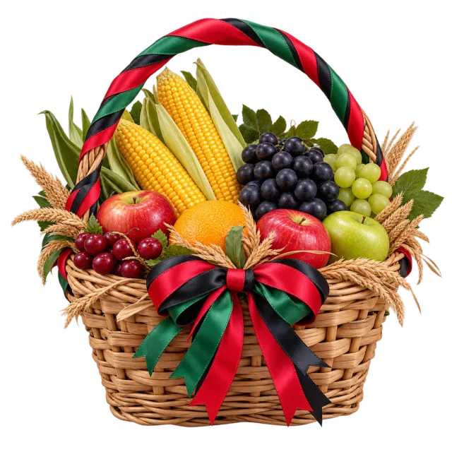 Woven basket with corn, grapes, apples and a red, black and green ribbon