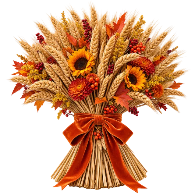 Bouquet of wheat, sunflowers and autumn leaves tied with an orange ribbon