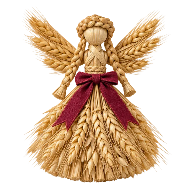 Woven straw figure with wheat-stalk wings and a burgundy ribbon