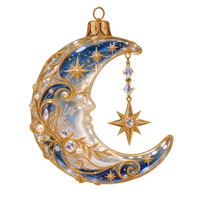 Blue and gold-colored crescent ornament with a dangling star