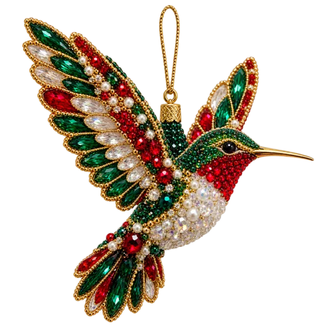 Jeweled green and red hummingbird with spread wings and a hanging loop