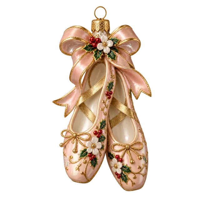Cream ballet slippers with floral patterns and a pink ribbon