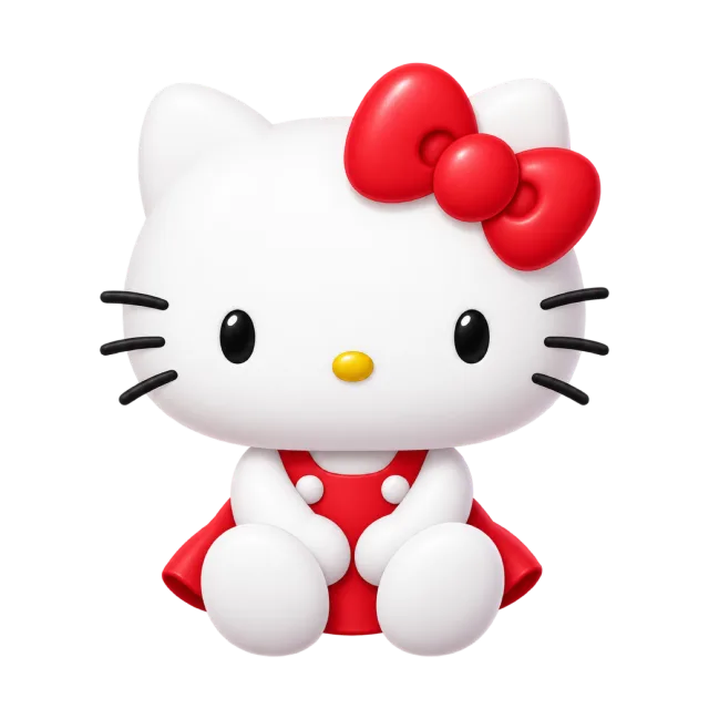 Hello Kitty sitting with a red bow and a red dress with white dots