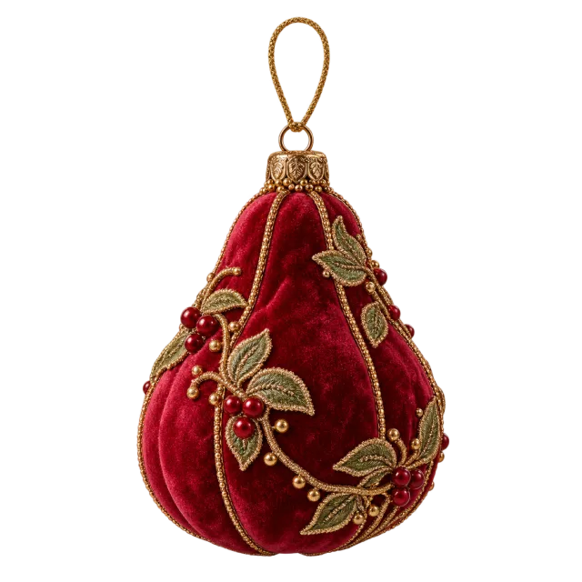 Burgundy pear-shaped ornament with gold-colored leafy embroidery