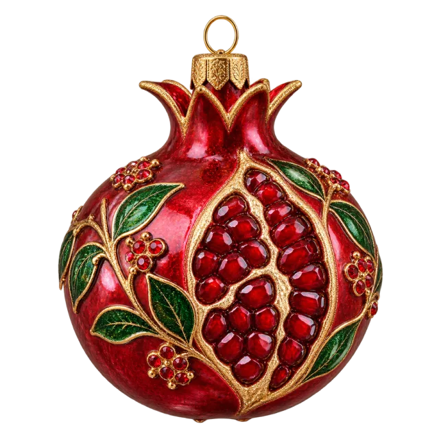 Red pomegranate ornament with exposed jewel-like seeds and green leaves