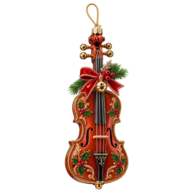 Miniature brown violin with holly, ribbon and a hanging loop