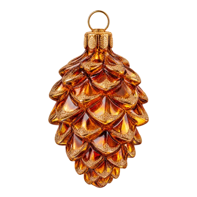 Amber-colored pinecone ornament with overlapping glossy scales