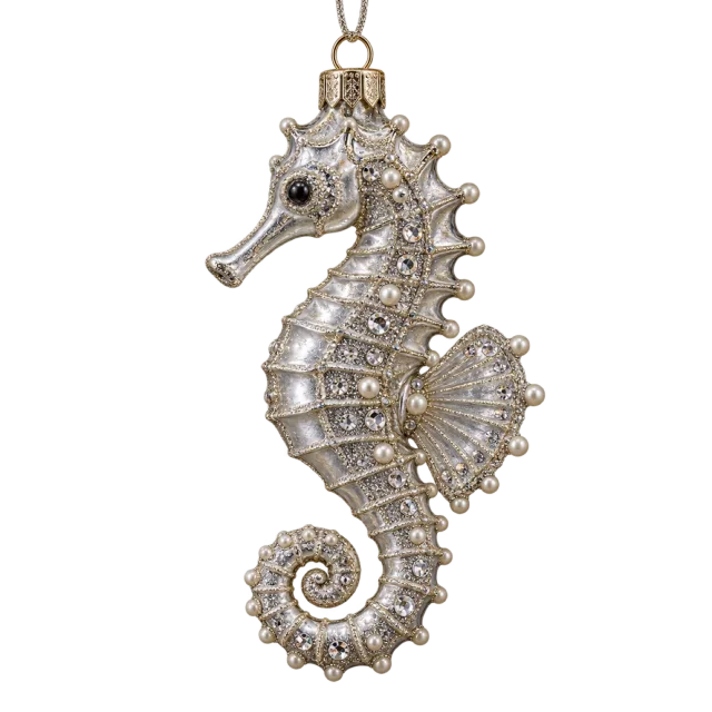 Silver-colored seahorse ornament with a curled tail and jeweled details