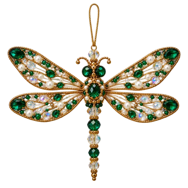 Green and gold-colored dragonfly with pearl-like beads on its wings
