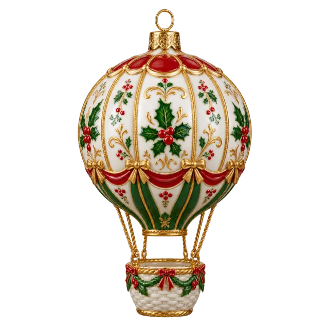 Cream hot air balloon ornament with holly patterns and a tiny basket