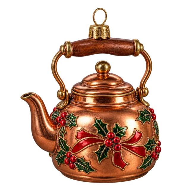 Copper-colored kettle ornament with holly and a red bow
