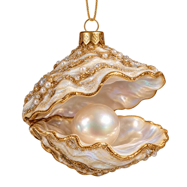Open cream oyster shell ornament with a large pearl-like center