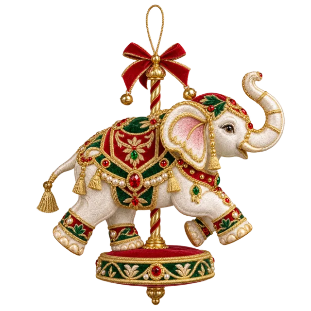 Decorated carousel elephant on a red and green platform