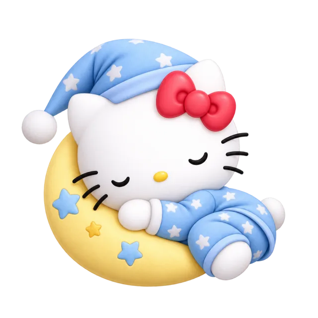 Hello Kitty in blue star-patterned pajamas sleeping on a yellow crescent moon
