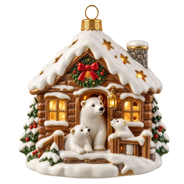 Snow-covered miniature cabin ornament with a small white bear