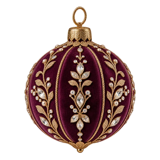 Round plum-colored ornament with gold-colored floral embroidery
