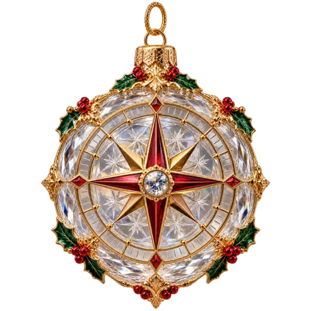 Clear round compass ornament framed by holly and golden trim