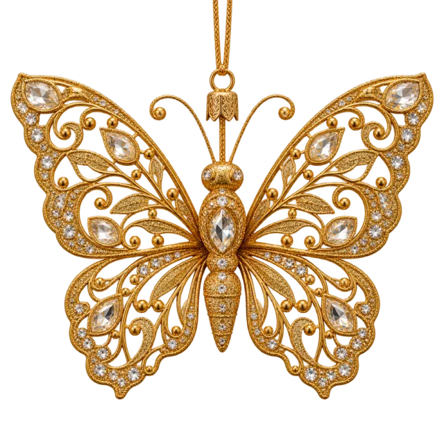 Gold-colored butterfly ornament with open filigree wings