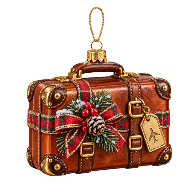 Brown miniature suitcase ornament with tartan trim and a holly bow